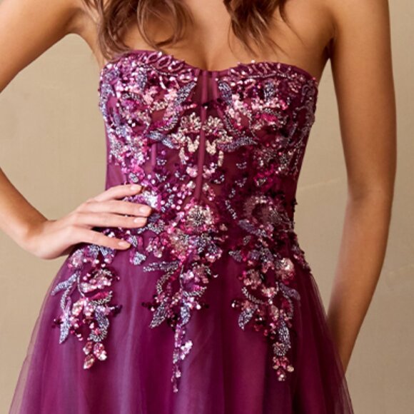 New Long Strapless Ceremonial Dress w/ Sequins Embroidery & Lace Up Back AC 4031 - Picture 9 of 10